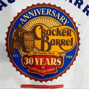 Cracker Barrel 30 Year Anniversary Logo T-Shirt NWOT (stain) - Old Country Store